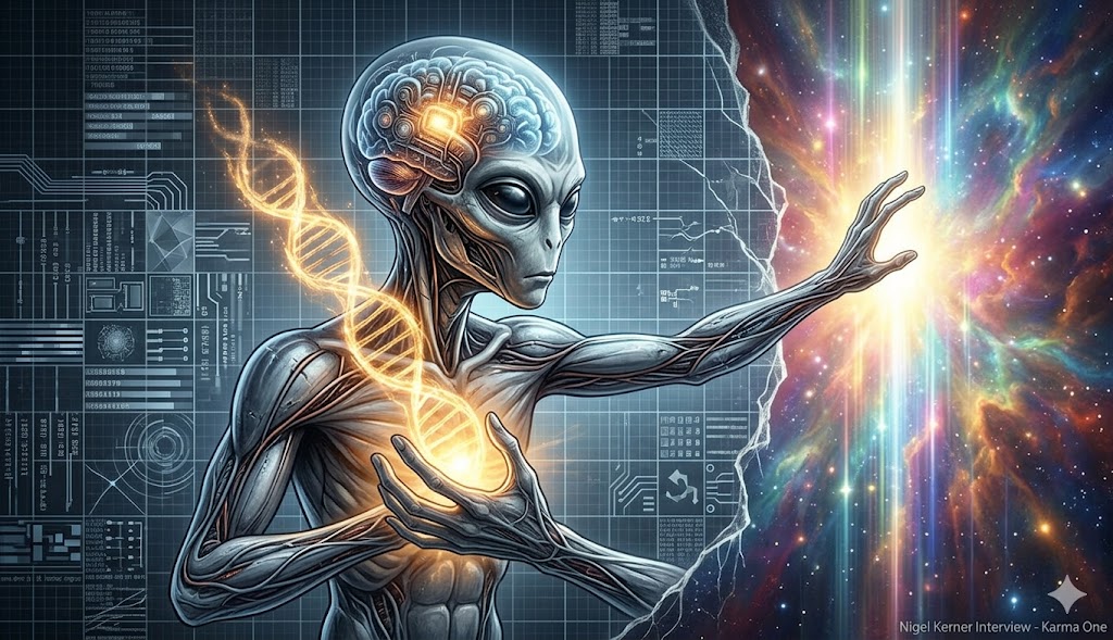 A bio-mechanical Grey alien holding a glowing human soul, symbolizing the search for eternal life.