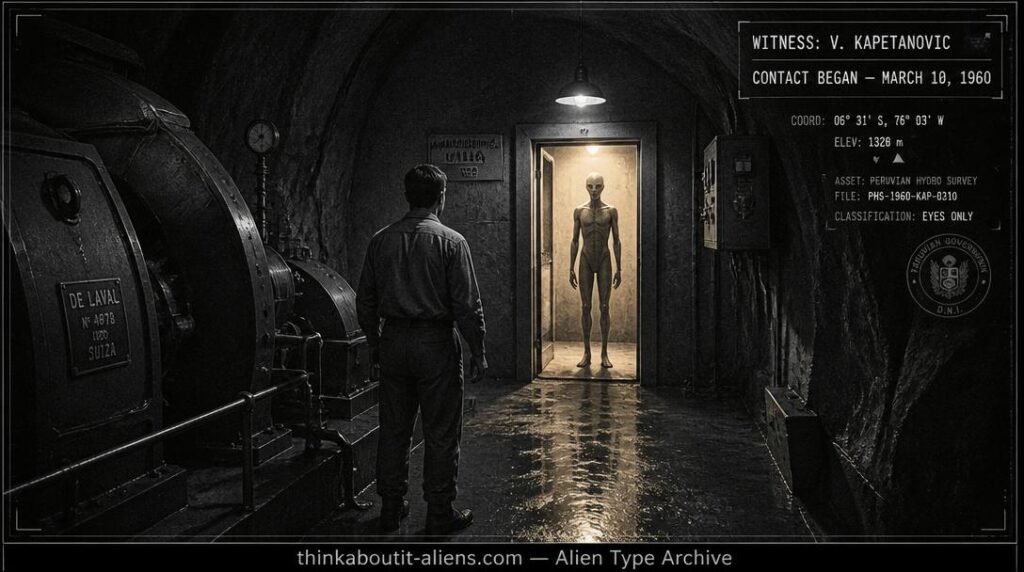 Engineer in a 1960 Peruvian hydroelectric tunnel facing a tall humanoid figure in a lit doorway, illustrating Vlado Kapetanovic's Apuians contact case