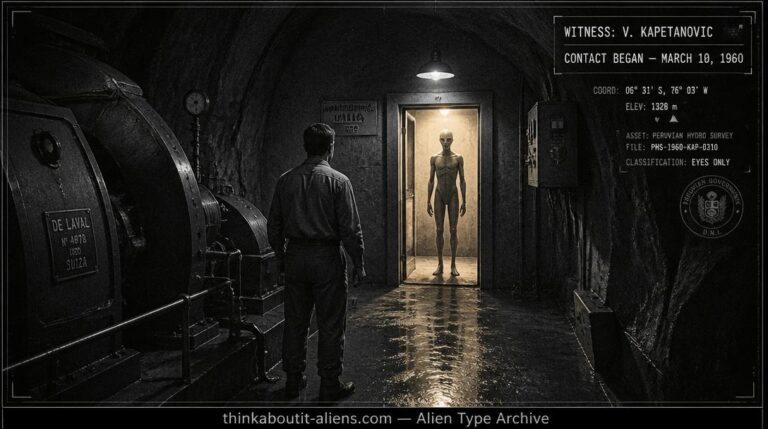 Engineer in a 1960 Peruvian hydroelectric tunnel facing a tall humanoid figure in a lit doorway, illustrating Vlado Kapetanovic's Apuians contact case