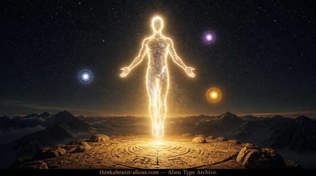 Light Type Aliens: A radiant white-gold humanoid light being hovers above a mountain summit at night surrounded by three colored energy orbs, with ancient carved symbols visible on the rock below