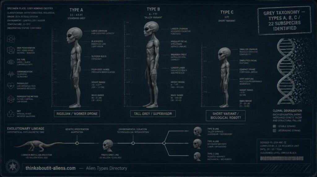 Three Grey alien subtypes in clinical profile — Type A standard worker, Type B Tall Grey supervisor, Type C short biological robot — with reptilian evolutionary tree and crumbling DNA helix