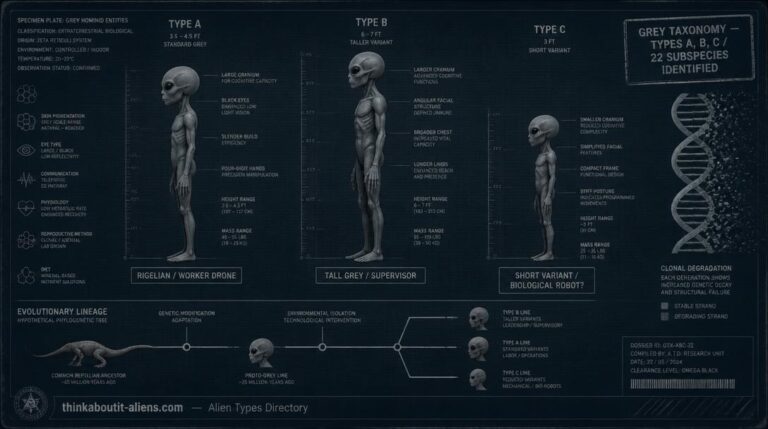 Three Grey alien subtypes in clinical profile — Type A standard worker, Type B Tall Grey supervisor, Type C short biological robot — with reptilian evolutionary tree and crumbling DNA helix
