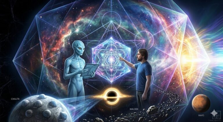 An Andromedan and a human observing the 12 creational densities of a holographic universe.