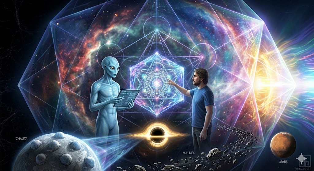 An Andromedan and a human observing the 12 creational densities of a holographic universe.