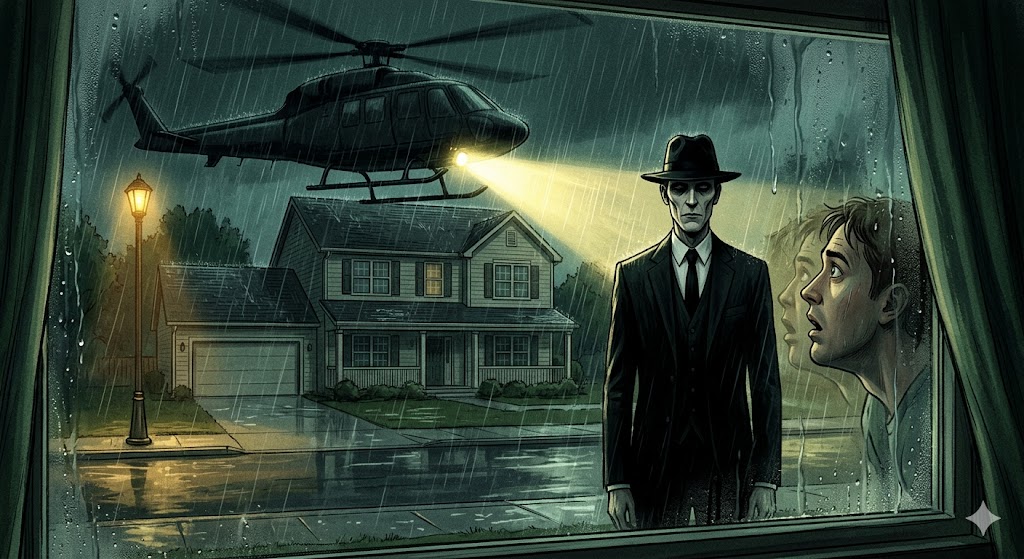 A witness looking in terror at a black helicopter and a Man in Black outside their home.