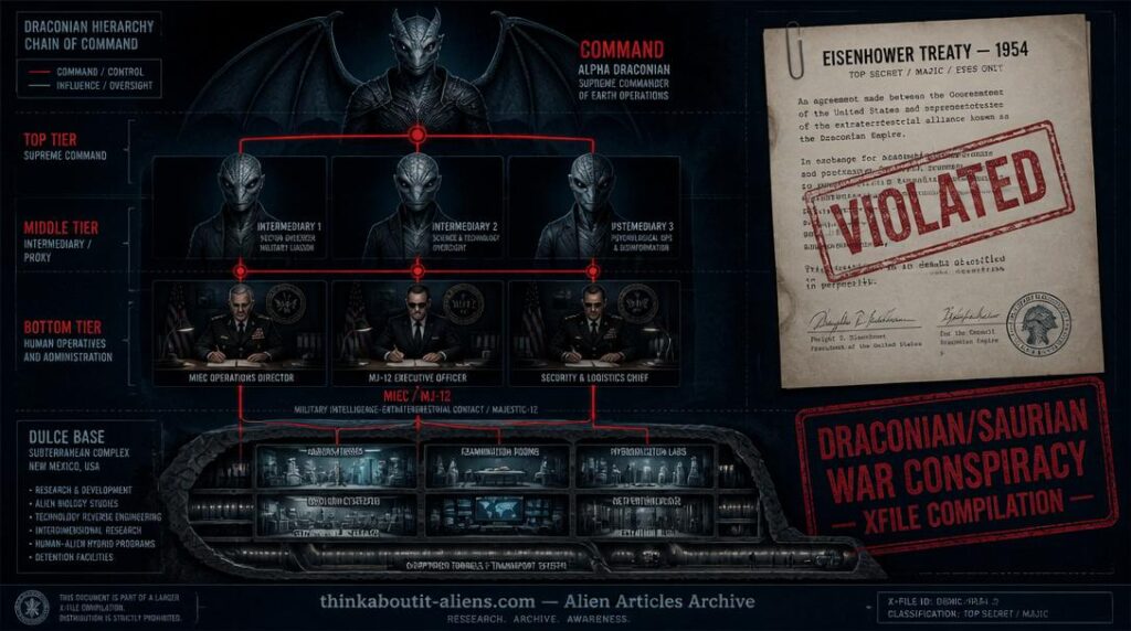 Command hierarchy chart showing Alpha Draconian at top, Grey intermediaries in middle, MJ-12 human operatives below, Dulce Base cross-section at bottom, Eisenhower Treaty with VIOLATED stamp