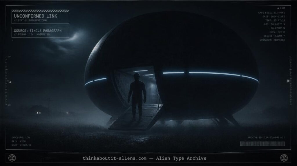 Underdetailed humanoid silhouette at the open bay of a dark craft hovering over a foggy field at night, illustrating the Alcohbata alien type