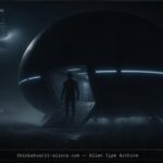 Underdetailed humanoid silhouette at the open bay of a dark craft hovering over a foggy field at night, illustrating the Alcohbata alien type
