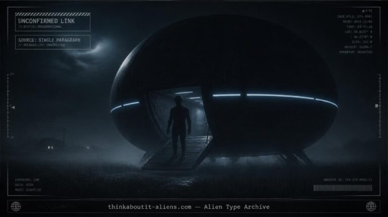 Underdetailed humanoid silhouette at the open bay of a dark craft hovering over a foggy field at night, illustrating the Alcohbata alien type