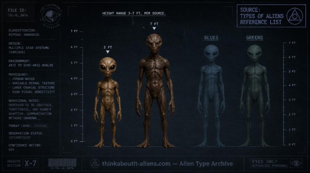 Dossier-style illustration comparing a short and a tall brown-tan humanoid figure with varying eye shapes, alongside faint reference silhouettes of related Blues and Greens types.