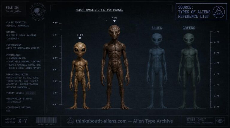 Dossier-style illustration comparing a short and a tall brown-tan humanoid figure with varying eye shapes, alongside faint reference silhouettes of related Blues and Greens types.
