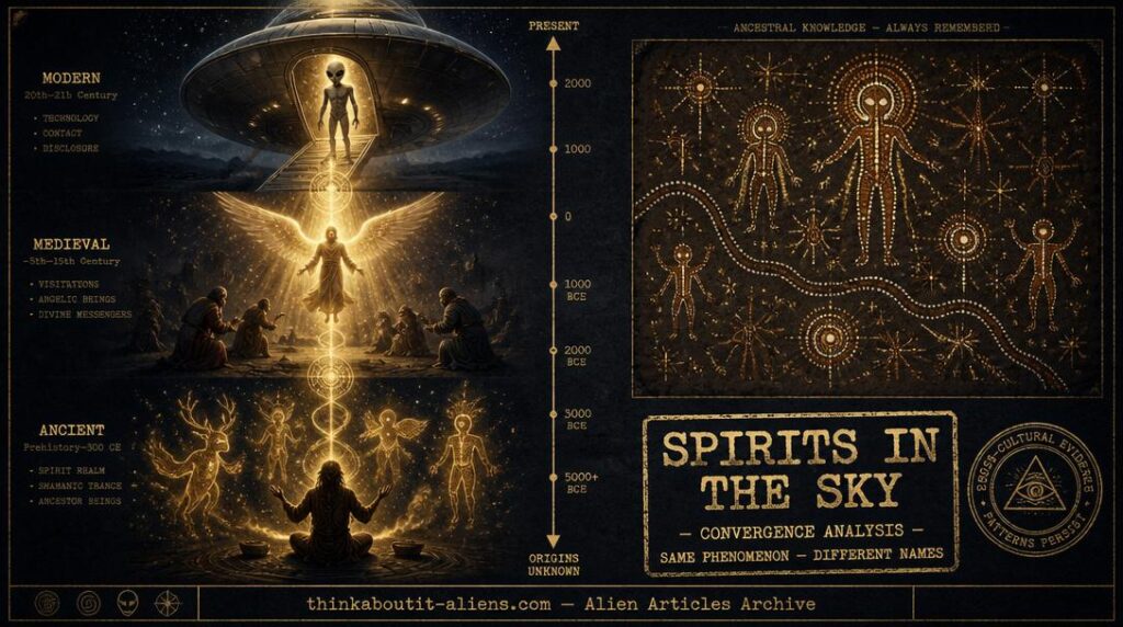 Vertical timeline showing a shaman with spirit beings at bottom, medieval celestial messenger in middle, and Grey alien in disc craft at top, all connected by the same gold energy signature