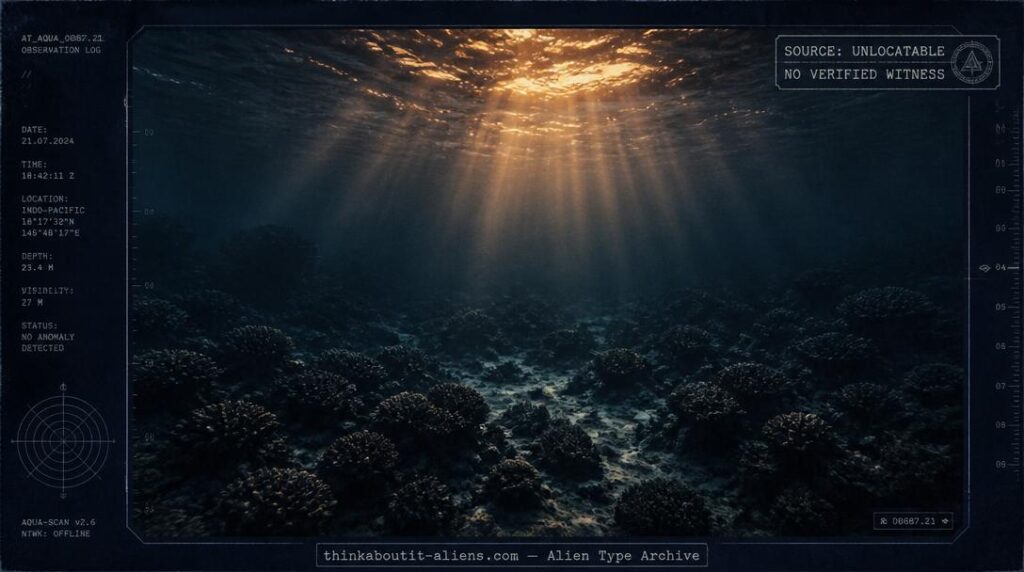 Calm, empty tropical reef water at dusk with soft light filtering through, illustrating the unverified and unlocatable sourcing behind the Aquatic Humanoids entry