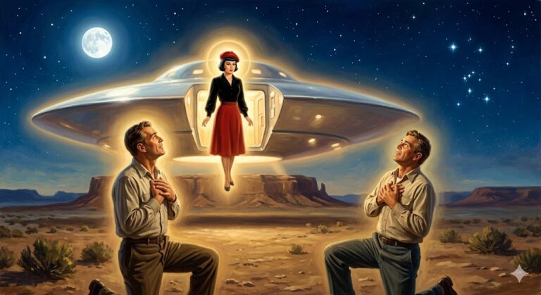 A 1950s style illustration of Aura Rhanes descending from a flying saucer to meet a man in the desert.