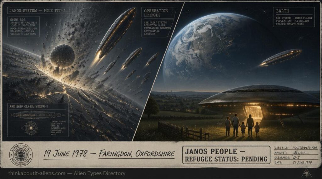 Split illustration showing the destruction of planet Janos by moonfall with ark ships escaping toward Earth, and a landed Janosian scout ship in English countryside with a family of five at the threshold