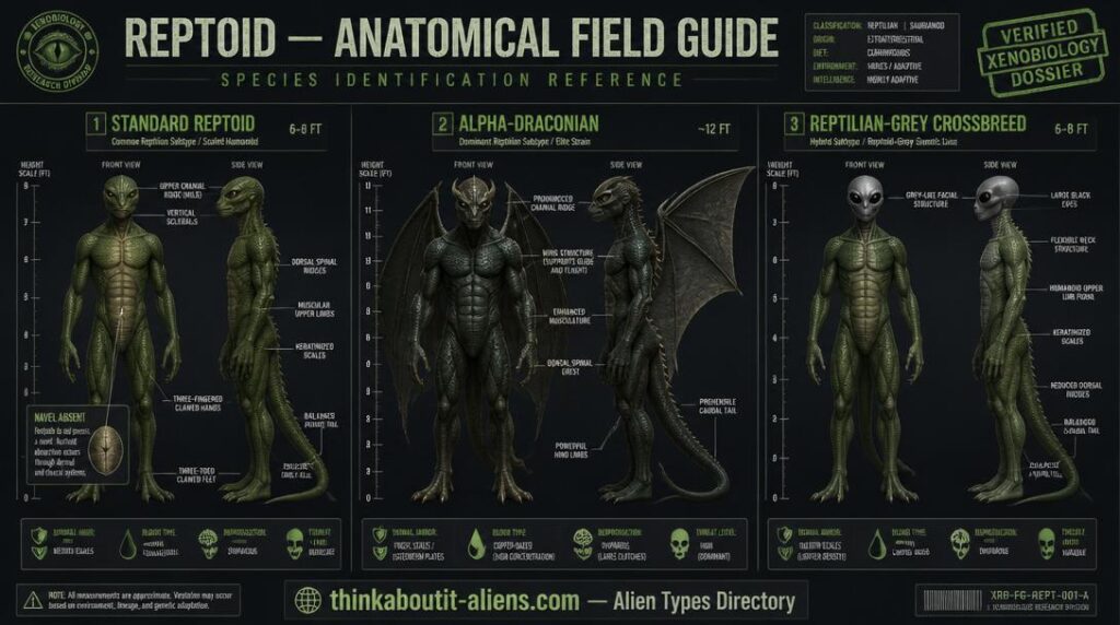 Clinical field-guide illustration showing three Reptilian subtypes side-by-side — standard Reptoid with dorsal spines and no navel, winged Alpha-Draconian, and Reptilian-Grey crossbreed