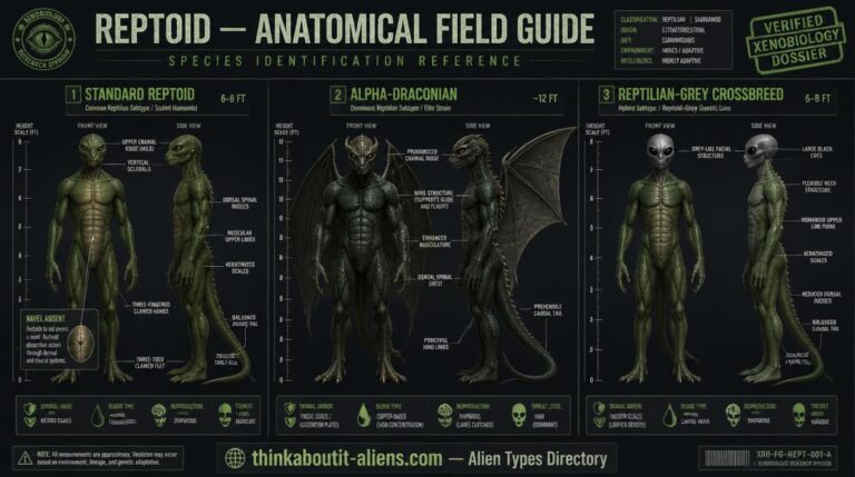 Clinical field-guide illustration showing three Reptilian subtypes side-by-side — standard Reptoid with dorsal spines and no navel, winged Alpha-Draconian, and Reptilian-Grey crossbreed