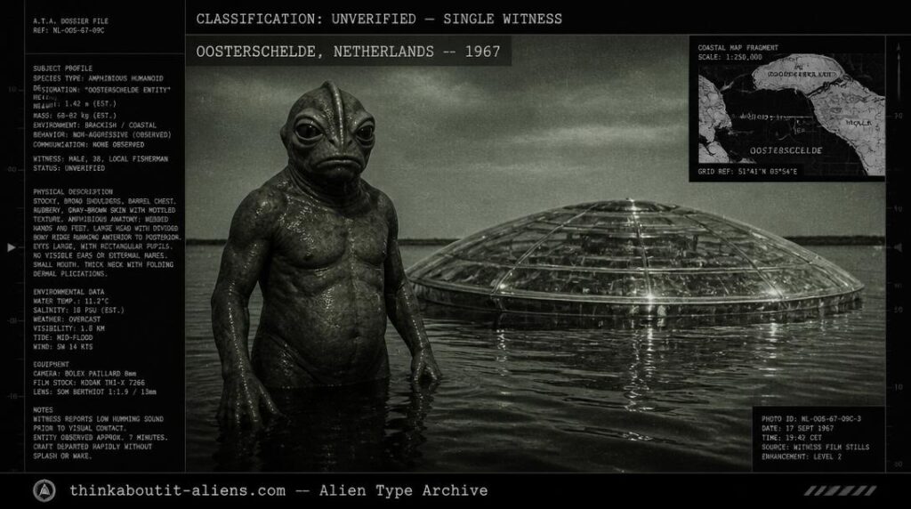 Dossier-style illustration of an Iargan alien entity beside a submerged disc craft, Oosterschelde 1967 contact case