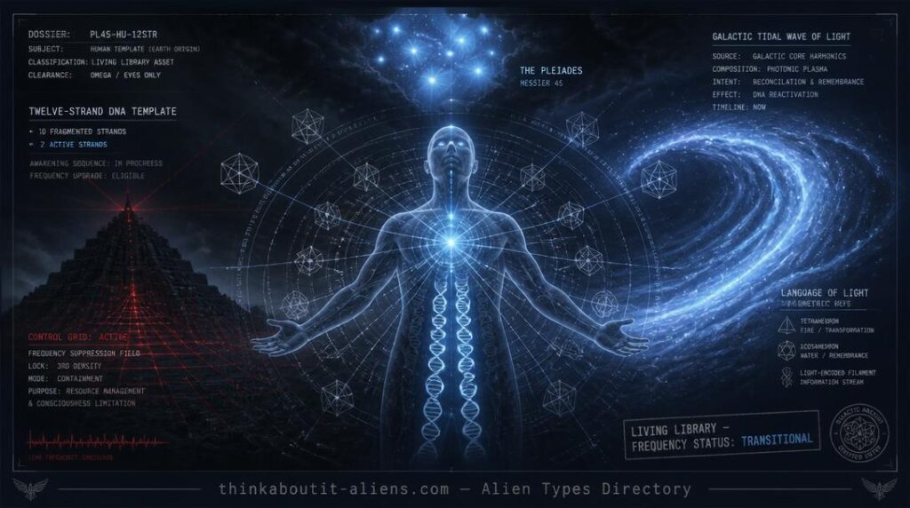 Translucent human figure with twelve DNA helices visible inside torso, Pleiades star cluster above, geometric Language of Light forms radiating from heart center, and galactic light wave approaching from deep space