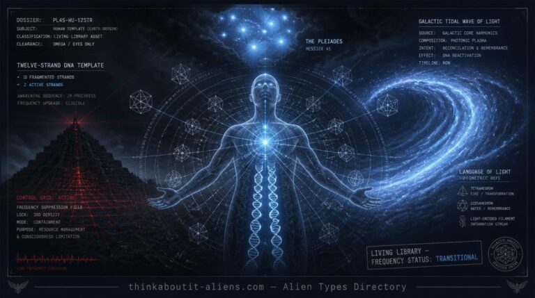 Translucent human figure with twelve DNA helices visible inside torso, Pleiades star cluster above, geometric Language of Light forms radiating from heart center, and galactic light wave approaching from deep space