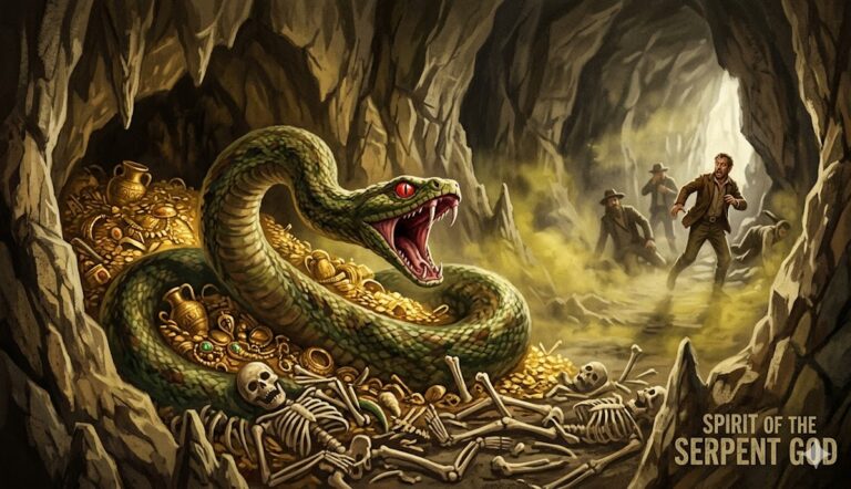 A giant red-eyed serpent guarding a hoard of gold and bones in a dark Oregon cave.