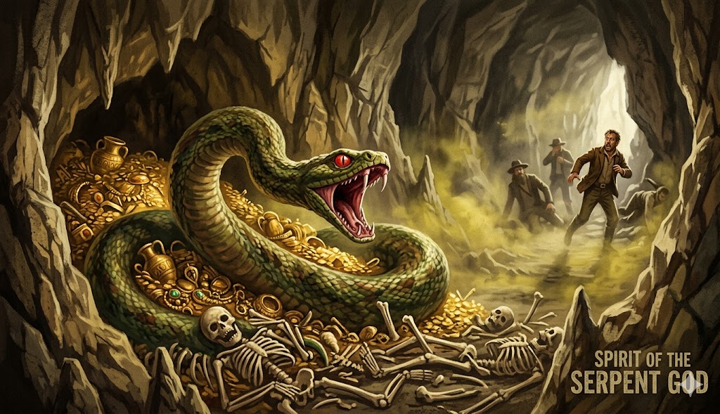A giant red-eyed serpent guarding a hoard of gold and bones in a dark Oregon cave.
