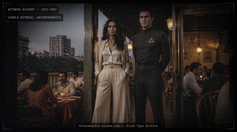 Tall woman and taller uniformed male figure with a gold triangle insignia at a 1970s Mexico City restaurant entrance, illustrating the LYA/Inxtria contact case