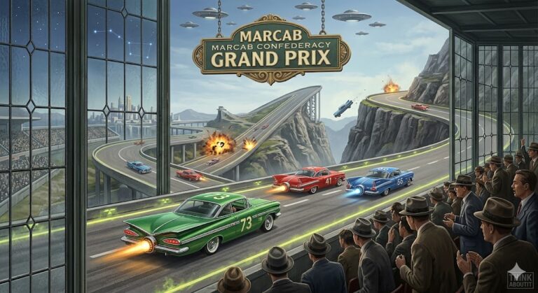 A 1950s-style alien city with a Green Dragon turbine race car and a soul report station.