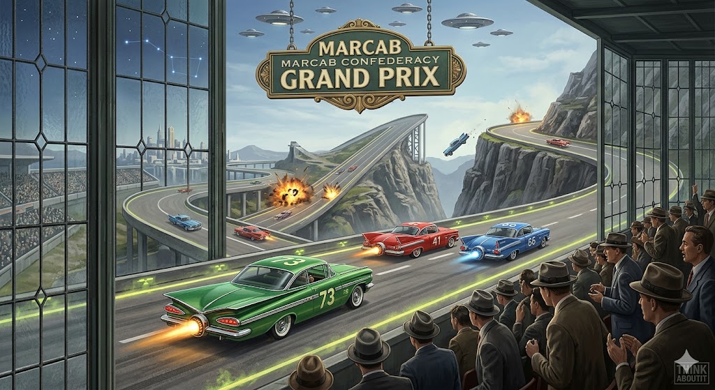 A 1950s-style alien city with a Green Dragon turbine race car and a soul report station.