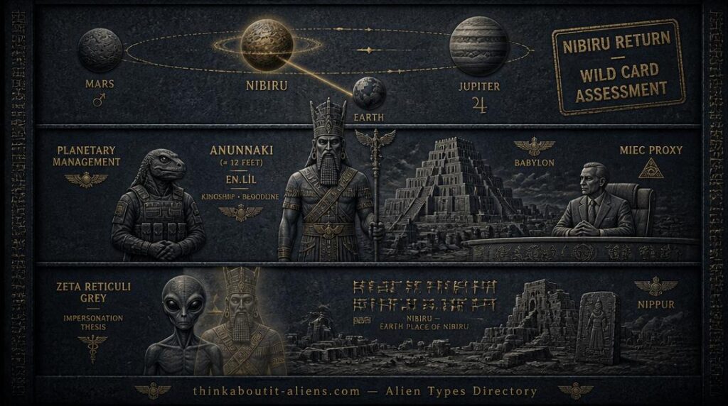 Three-register dossier illustration showing Nibiru's orbital return, an Anunnaki flanked by Reptilian manager and MIEC human proxy, and Zeta Reticuli impersonation overlay near the ruins of Nippur