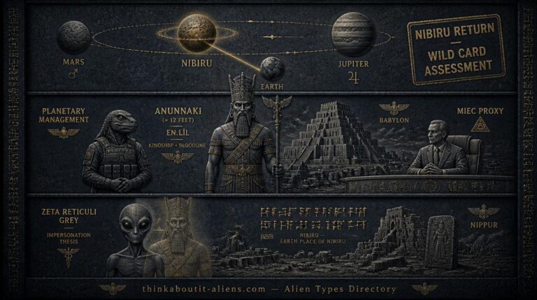 Three-register dossier illustration showing Nibiru's orbital return, an Anunnaki flanked by Reptilian manager and MIEC human proxy, and Zeta Reticuli impersonation overlay near the ruins of Nippur