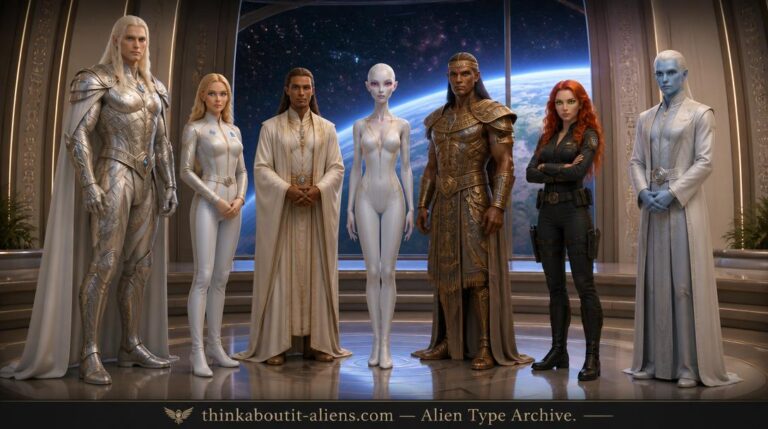 Humanoid Type Aliens: Seven humanoid alien species standing in a semicircle in a diplomatic chamber — Lyran Giant, Pleiadian Nordic, Darker-Skinned Lyran, Tall White, Anunnaki, Red-Haired Lyran, and Andromedan — with a star field visible through the window