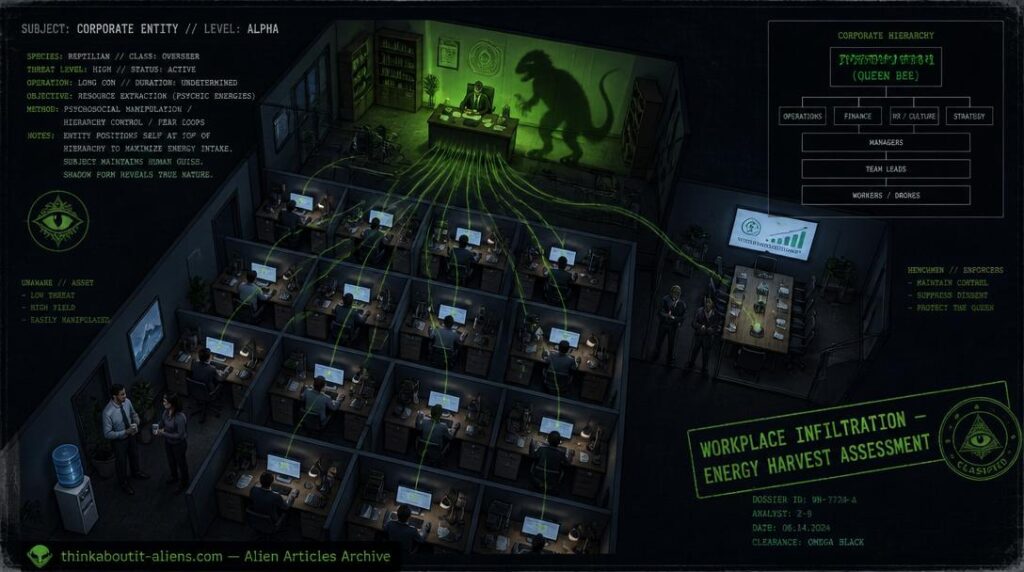 Modern office from above with boss casting Reptilian shadow in corner office, green energy-siphon lines flowing from cubicle workers upward, Henchmen at conference door, org chart labeled Queen Bee