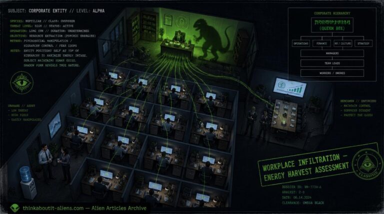 Modern office from above with boss casting Reptilian shadow in corner office, green energy-siphon lines flowing from cubicle workers upward, Henchmen at conference door, org chart labeled Queen Bee