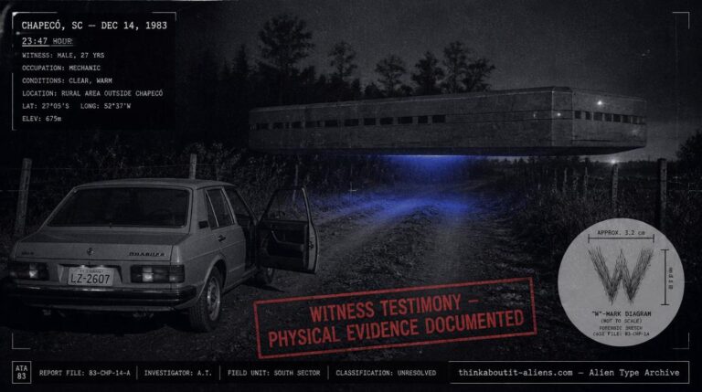 Matte-gray rectangular craft hovering over a dirt road outside Chapecó, Brazil, at night in 1983, representing the Tasca contact case