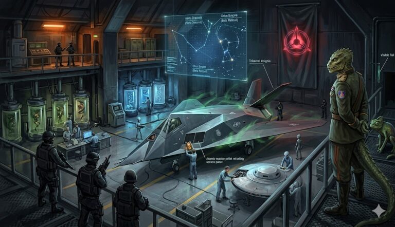 A secret underground military base featuring human soldiers, Grey aliens, and a Draconian Reptilian overlooking a UFO.