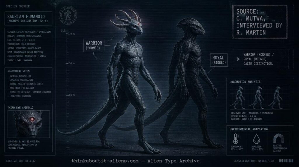 Dossier-style illustration of two tall, tailed reptilian humanoid figures — one horned with a glowing red third eye, one hornless with a dark dorsal ridge — representing the Warrior and Royal Chitauli castes per Credo Mutwa's account.