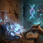 An archaeologist discovering a glowing alien artifact inside a Mayan pyramid.