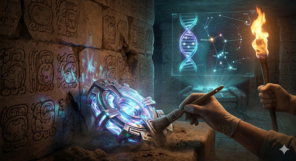 An archaeologist discovering a glowing alien artifact inside a Mayan pyramid.