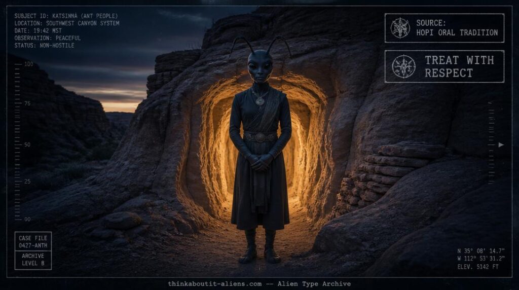 Dignified humanoid figure with subtle ant-associated features standing at a glowing underground passage entrance in a desert canyon at dusk, illustrating the Hopi Ant People tradition