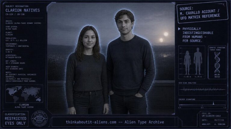 Dossier-style illustration of an ordinary-looking human male and female standing side by side with a faint blue-white shimmer at their silhouettes, representing the human-indistinguishable Clarion beings.