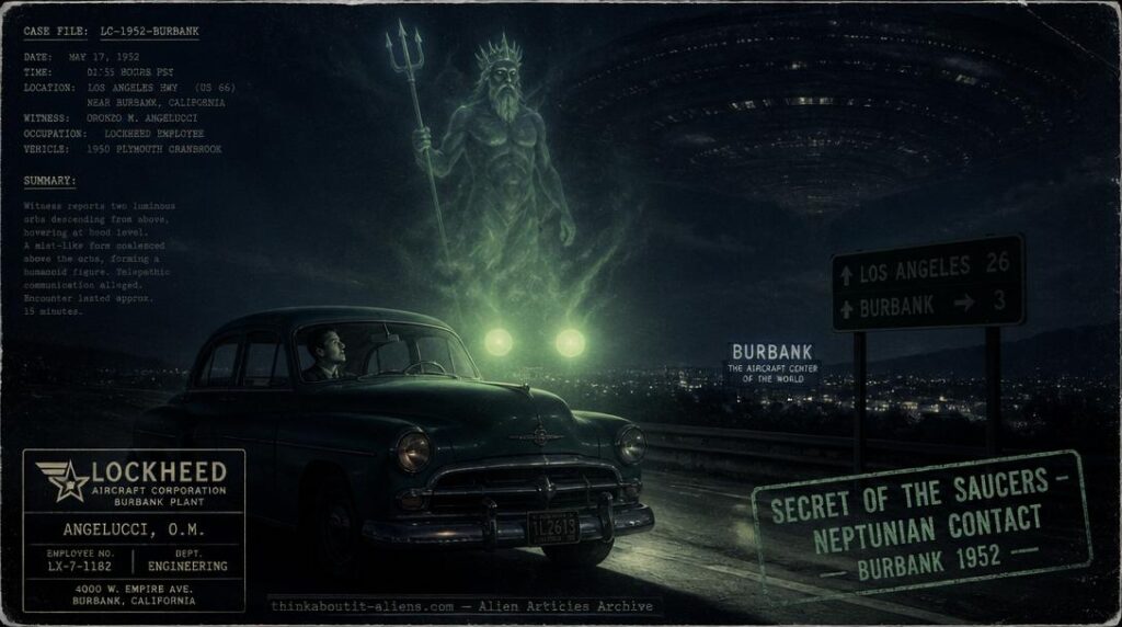 1950s Los Angeles highway at night with two luminous green orbs hovering above a stopped sedan, faint Neptunian form materializing in mist, mother ship suggested in the sky above