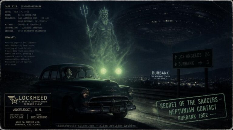 1950s Los Angeles highway at night with two luminous green orbs hovering above a stopped sedan, faint Neptunian form materializing in mist, mother ship suggested in the sky above