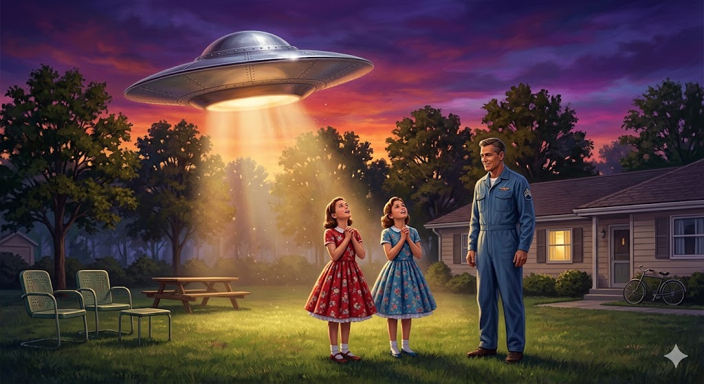 Two sisters in 1950s clothing meeting a handsome extraterrestrial man near a silver saucer-shaped UFO.