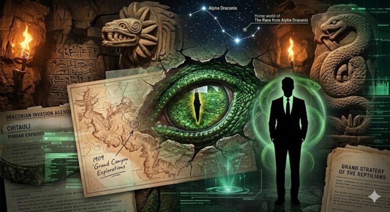 A research collage of Reptilian alien eyes, ancient serpent carvings, and a map of subterranean tunnels.