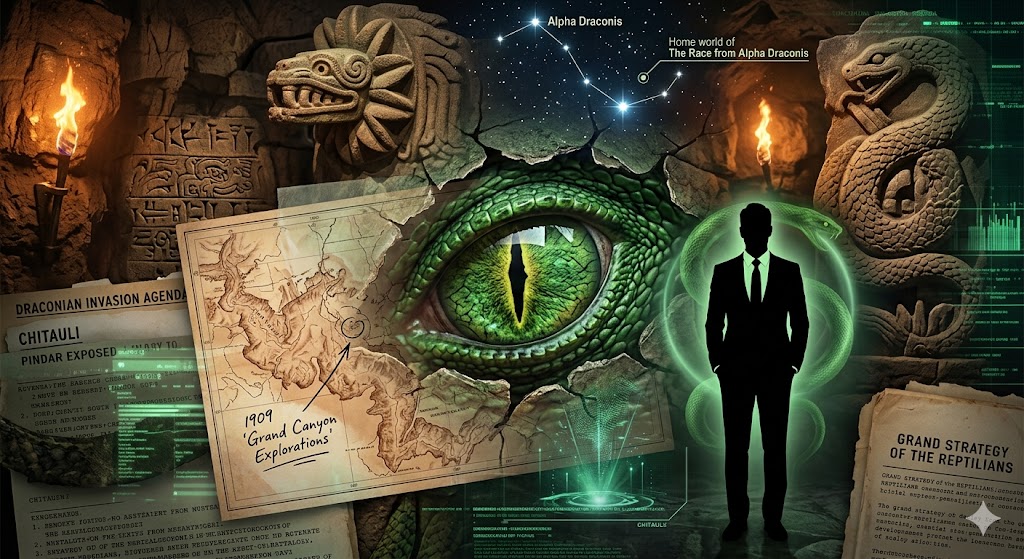 A research collage of Reptilian alien eyes, ancient serpent carvings, and a map of subterranean tunnels.