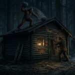 A massive Sasquatch throwing a rock at a log cabin during the Ape Canyon siege.