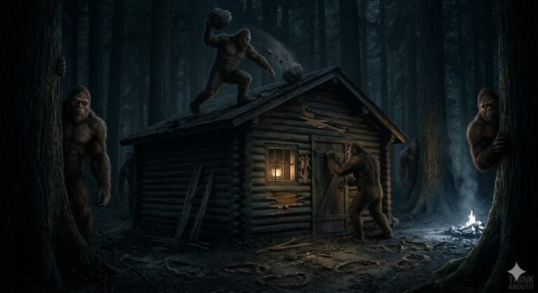 A massive Sasquatch throwing a rock at a log cabin during the Ape Canyon siege.