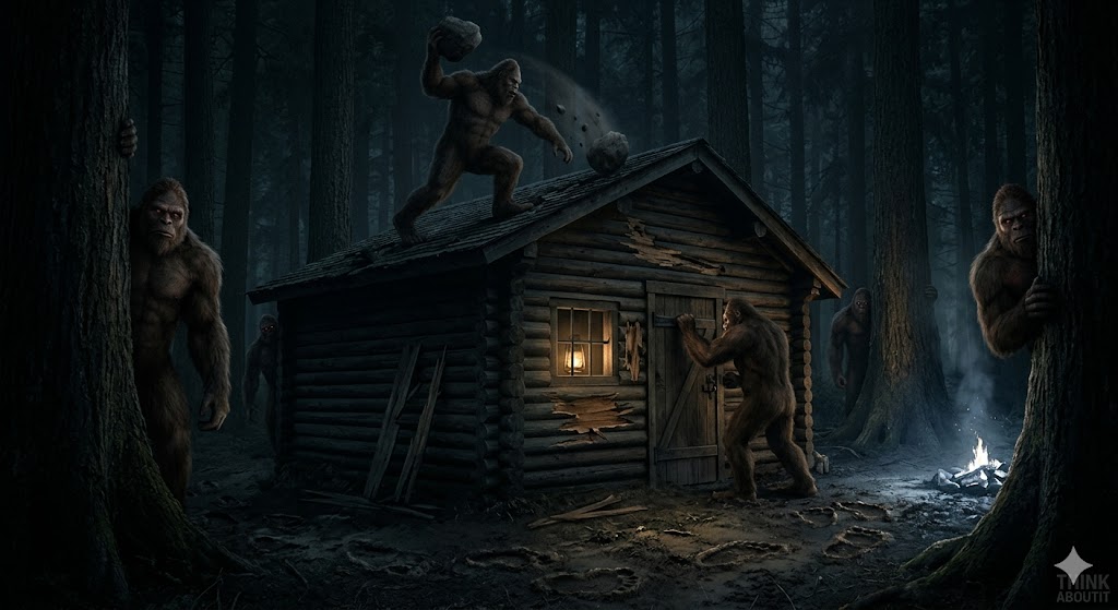 A massive Sasquatch throwing a rock at a log cabin during the Ape Canyon siege.