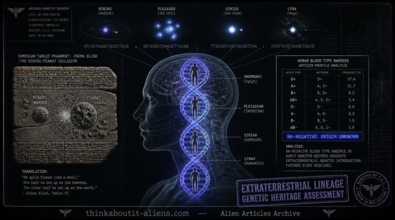 extraterrestrial lineage: Translucent human face in profile with DNA helix containing embedded Anunnaki, Pleiadian, Sirian, and Lyran silhouettes, connected to star systems above, with Sumerian tablet and RH-Negative blood chart flanking